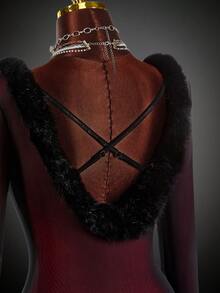 Amplova Women's Faux Fur Patchwork Crew Neck Elegant Long Sleeve Mini Dress - Red and Black - View 8