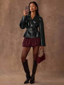 SHEIN BAE 时尚通勤黑色系带风衣 - 黑色 - 查看 1