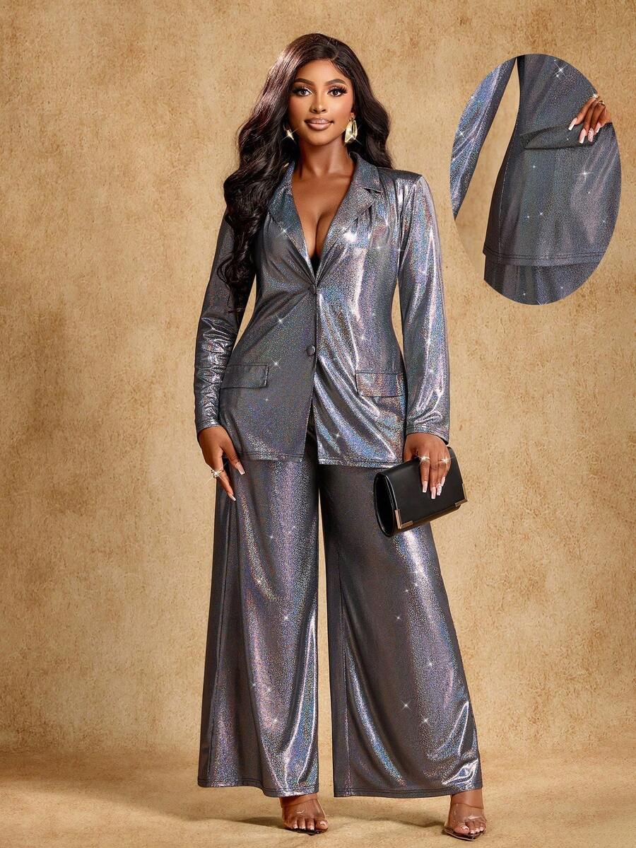 Brilight 女式亮面翻领长袖单排扣夹克和阔腿裤时尚套装，适合派对和聚会场合 - 銀色 - 查看 1