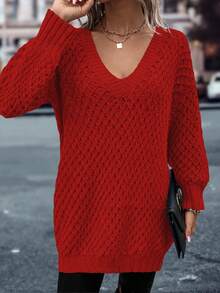 EMERY ROSE Casual Loose Solid Color Long Sleeve Pullover Sweaters For Women - Red - View 4