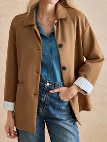 Écloséra 时尚休闲复古H型美拉德长款宽松翻领仿麂皮女式夹克，秋冬 - 駝色 - 查看 5