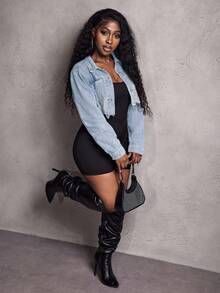 Slaydiva 女士休闲时尚做旧短款牛仔夹克，春秋季 - 淺色水洗藍 - 查看 6