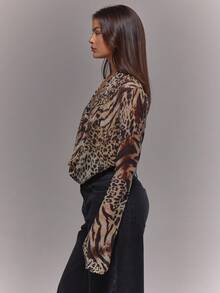 MUSERA Animal Print Extreme Plunge Draped Front Flared Cuff Top Boho Occasion Sexy Going Out Autumn Fall Night Out Winter Cute Date Night Elegant Holidays Party Spring Summer - Multicolor - View 4