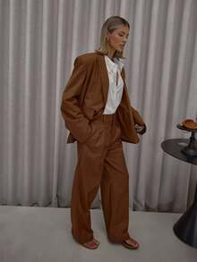 MUSERA Extreme Oversized Faux Pocket Detail Blazer Only Streetwear Classy Casual Sexy Going Out Fall Autumn Toffee Spring - Mocha Brown - View 7