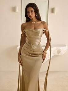 Vowa Falda ajustado elegante y vintage con pliegues de satén, cintura de sirena, cuello con volantes, decoración de cadena de perlas y cinta, adecuada para cóctel, gala, baile, festival, cumpleaños, vestido formal de mujer