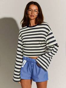 Athîral 女式条纹圆领休闲百搭长袖T恤 - 彩色 - 查看 5