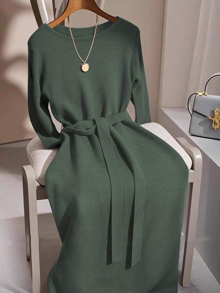 GlowEve Vestido de suéter de cuello redondo de manga larga con lazo en gris, moda minimalista lujosa, versátil y elegante, adecuado para múltiples ocasiones - Verde militar - Añade 1