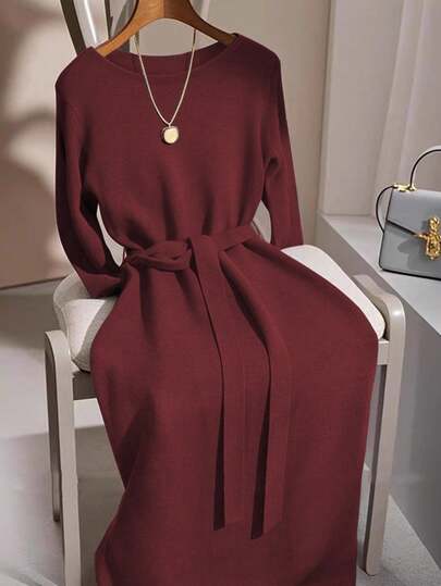 GlowEve Long Sleeve Crew Neck Tie-Up Gray Sweater Dress, Luxurious Minimalist Fashion, Versatile & Elegant, Suitable For Multiple Occasions