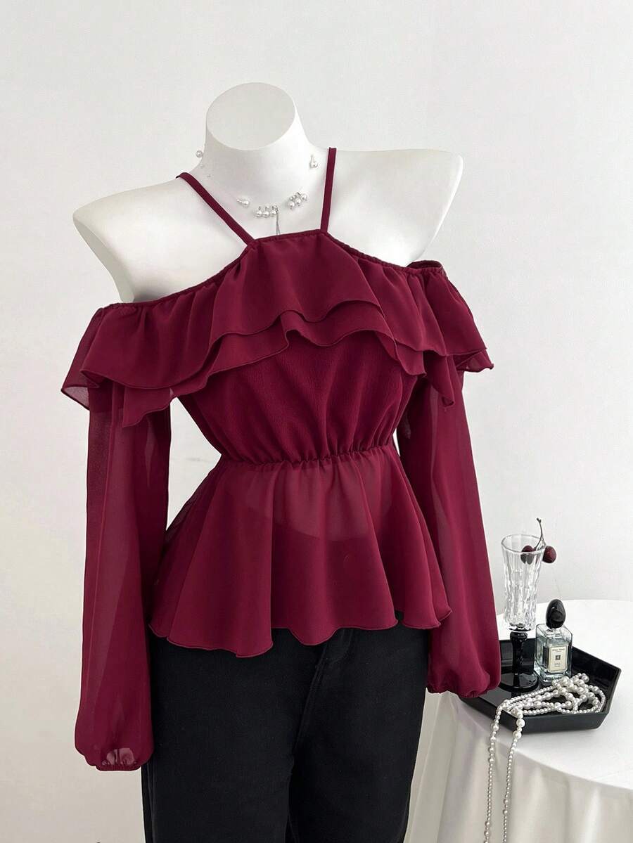 Elamini Women's Off-Shoulder Ruffle Mesh Patchwork Long Sleeve Women Blouse - Burgundy - View 1