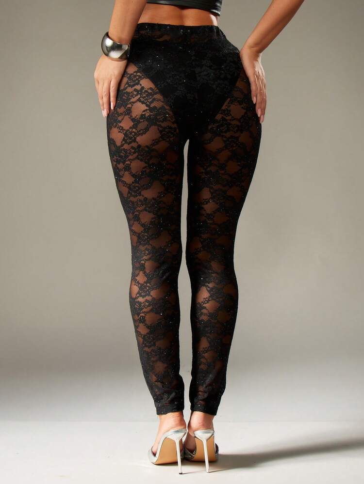 MISSGUIDED Sparkly Black Lace Pattern Leggings Evening Party Club Festival Holiday Night Out Glitter Mesh Stretch Pants Sheer Floral Transparent