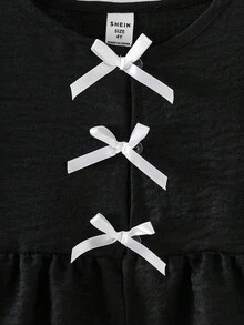 SHEIN 2 件套年轻女孩时尚蓝色圆领长袖上衣，3D 蝴蝶结装饰和松紧腰阔腿裤，休闲运动装，春秋季 - 黑與白 - 查看 3