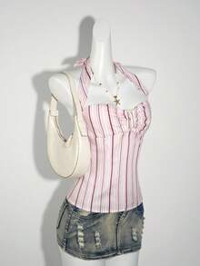 SHEIN ICON 女式时尚褶皱挂脖条纹吊带背心 - 粉色 - 查看 4