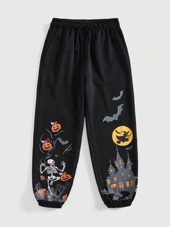 Plus Size Halloween Pumpkin, Skull, Bat, Castle Print Holiday Party Lantern Pants, Autumn/Winter Women Plus Size Casual Sweatpants, Halloween Plus Size Trousers, Autumn/Winter Plus Size Holiday Feast, Amusement Park Party Costume Outfit