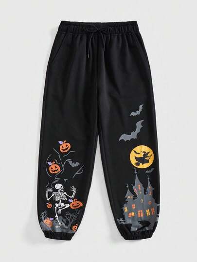 ROMWE Plus Size Halloween Pumpkin, Skull, Bat, Castle Print Holiday Party Lantern Pants, Autumn Winter Women Plus Size Casual Sweatpants, Halloween Plus Size Trousers, Autumn Winter Plus Size Holiday Feast, Amusement Park Party Costume