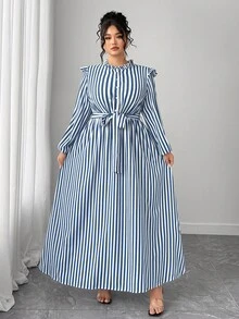 Elenzga Plus Size Women Frill Collar Striped Button Design Long Sleeve Casual Dress - Blue - View 3