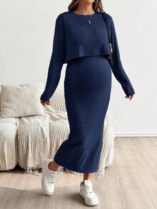 SHEIN Maternity Solid Color Round Neck Short Sleeve Top And Skirt 2 Pieces Set Piece Sets Woman Knit Two Modest Women Dress Comfortable - Navy Blue - View 4