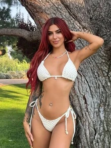 Bearsaez Summer Beach Halter Triangle Tie Side Bikini Set - Beige - View 1