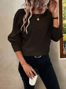 SHEIN LUNE Casual Versatile Solid Color Batwing Sleeve Sweater - Brown - View 3