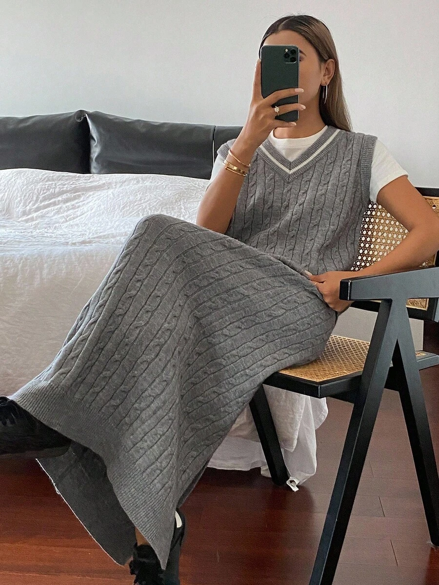 DAZY Bộ 2 áo len dệt kim không tay màu tương phản thường ngày dành cho nữ, mùa thu - Xám - Xem 1