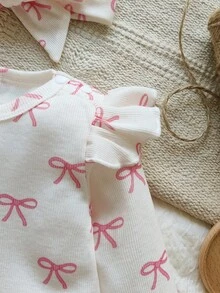 SHEIN 情人节新生儿爱心印花连体衣，舒适针织休闲连体衣，含发带，秋冬季款 - 粉色 - 查看 4