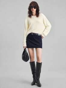 Ontre 2025新款超大羊毛混纺圆领长袖针织上衣，休闲都市风格，米色，宽松版型，适合秋季，商务休闲，通勤，日常穿着 - 杏色 - 查看 4