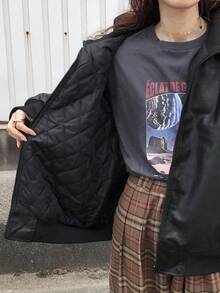 FRIFUL Women's Black Solid Color PU Fabric Stand Collar, Cuff & Hem Drawstring Loose Casual Padded Coat, Suitable For Autumn/Winter Jacket