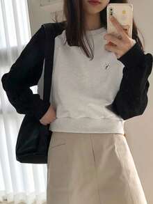 DAZY Áo nỉ cổ tròn tay raglan màu tương phản thường ngày dành cho nữ, quần áo mùa thu - Màu xanh hải quân - Xem 2