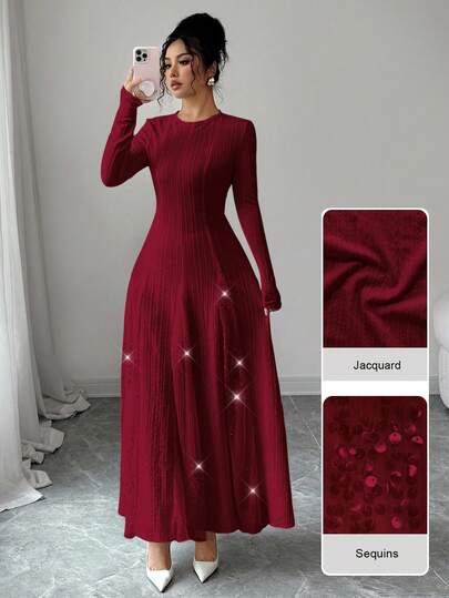 Modelyn Sequin Patchwork Flared Hem Slimming Dress