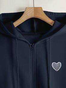 Resyla 女士连帽卫衣，心形刺绣图案拉链夹克，适合秋季服装、教师服装、返校季、毕业季、日常穿着 - 藏蓝色 - 查看 7