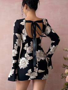 Rafferiza Women's Black Floral Mesh Embroidery Long-Sleeved Trumpet Cuff Dress,Autumn Elegant Dining Party Graduation Prom Luxury Fashionable Casual - Black - View 2