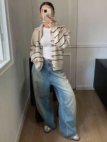 DAZY Contrast Color Striped High Neck Long Sleeve Loose Cardigan With Horn Buttons For Women,Fall Women Clothes - Apricot - View 8