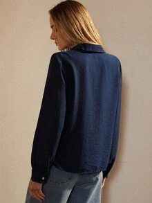 Écloséra Daily Casual Versatile Loose Embroidery Long-Sleeved Women's Autumn And Winter Loose Tops Shirts Women's Shirts Women's Shirts Long-Sleeved Tops Women's Elegant Shirts Women's Casual Shirts - Navy Blue - View 6