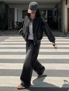 DAZY 女式休闲水洗街头风格牛仔夹克和宽松牛仔裤套装
