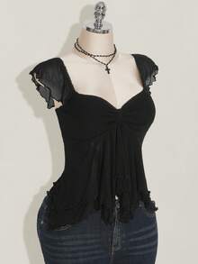 SHEIN ICON 大码女式褶皱前片修身性感网纱拼接荷叶袖露背休闲度假短款背心，秋季返校季 - 黑色 - 查看 6