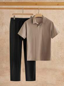 HIMLAND Men's Casual Solid Color Short Sleeve Shirt And Pants Set