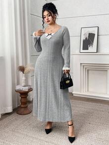 Modelyn Vestido elegante de encaje y parches para talla grande, ideal para el trabajo - Gris Claro - Ver 4