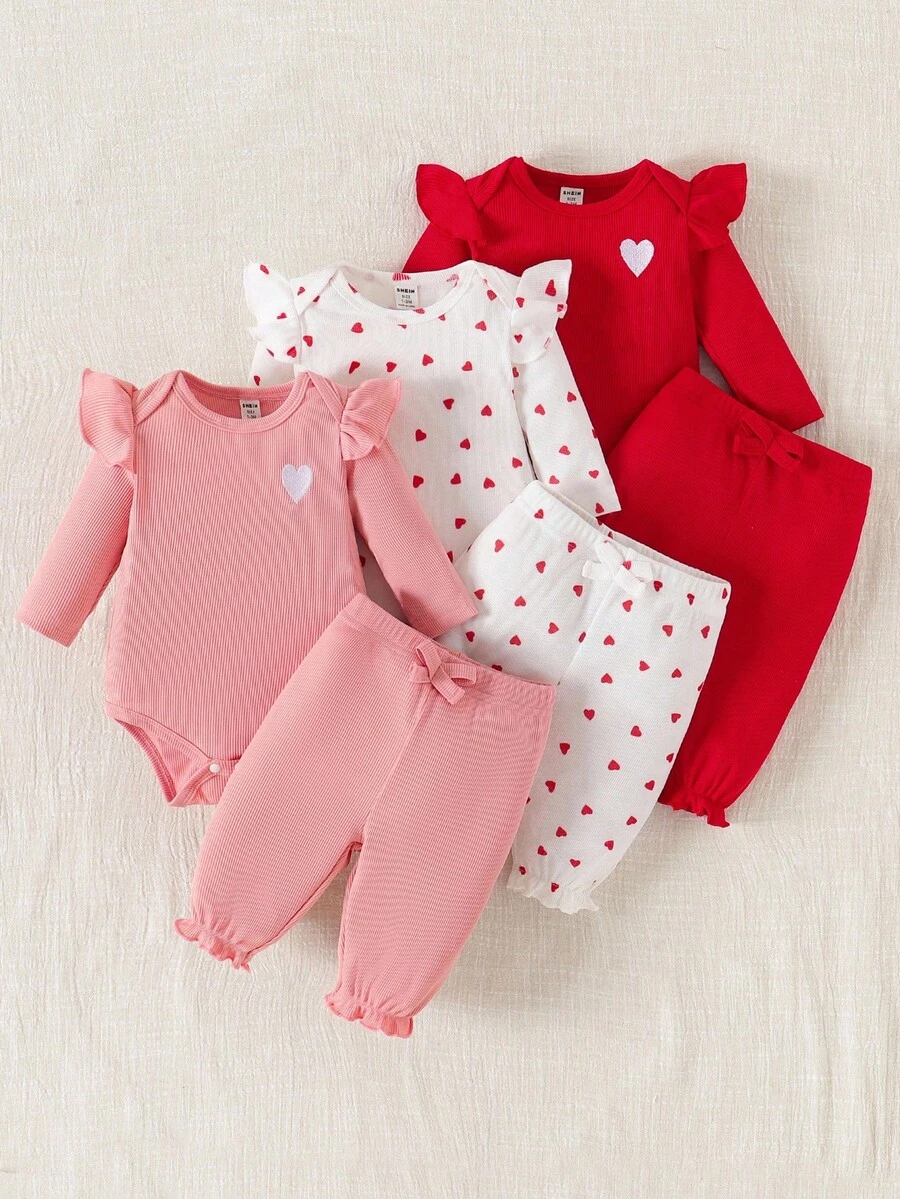 SHEIN Infant/Baby Girl Cap Sleeve Heart Embroidery Bow Bodysuit & Pants Set, Comfortable & Cute Casual Outfit Fall Winter - Multicolor - View 1
