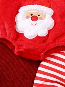SHEIN 新生儿圣诞主题套装，可爱毛绒连体衣，长袖上衣和裤子，多件套组合婴儿服装 - 紅色 - 查看 5