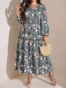 Comfylo 加大码女式绿色碎花长裙，春季，女式教师装，复活节连衣裙女式夏季波西米亚风复古款 - 綠色 - 查看 1