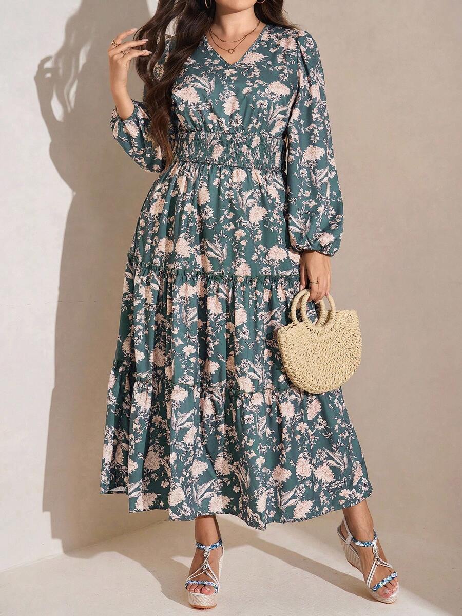 Comfylo 加大码女式绿色碎花长裙，春季，女式教师装，复活节连衣裙女式夏季波西米亚风复古款 - 綠色 - 查看 1