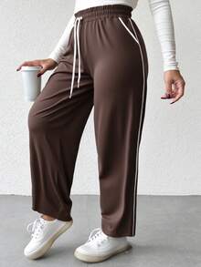 EURMUSE Plus Size Women Drawstring Waist Pockets Casual All-Match Lounge Pants - Brown - View 4