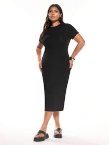 SHEIN EZwear Plus Size Women'S Black Knitted Bodycon Short Sleeve Dress - Black - View 5