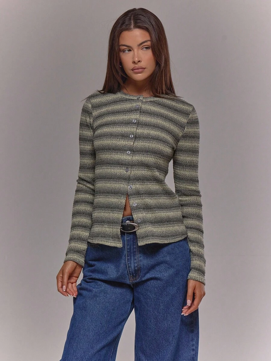 MUSERA 纽扣长袖条纹圆领针织开衫，适合休闲外出、秋季、夜晚约会、舒适优雅的春夏复活节等场合，休闲假日穿着。 - 彩色 - 查看 1