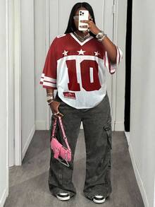 SHEIN CURVE+ Plus Size Women's Spring/Summer Streetwear Couple's Casual V-Neck Off Shoulder Letter Print Plus Size Casual Sports T-Shirt - Red - View 1