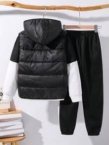 SHEIN 3件組兒童/青少年男孩黑白對比色連帽衛衣、抽繩長褲、加厚外套套裝，休閒運動校園秋冬穿搭 - 黑與白 - 查看 3