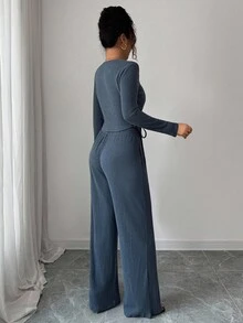 Elenzga 2pcs Women Elegant Pleated Decor Long Sleeve Drawstring Waist Top And Straight Leg Pants Set, Suitable For Party, Daily Life, Commute, Autumn/Winter - Grey - View 2