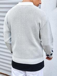 Manfinity CasualKnits Men's Casual Geometric Striped Pattern Drop Shoulder Loose Button-Front Cardigan, Autumn/Winter Men Knitted Button Up Crochet Men Shirt White And Blue Graphic Shirt Men Men Cardigan Sweater Read Antique White And Blue Shirts Men - Multicolor - View 5