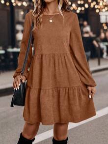 EMERY ROSE Robe décontractée pour femmes à col rond, manches lanternes et volants à l'ourlet