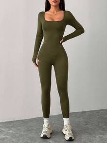 SHEIN PETITE Mono deportivo casual de punto negro con cuello cuadrado y ajustado para yoga - Verde militar - Ver 5