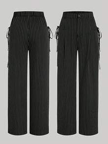 Sweetra Plus Size Striped Pocket Drawstring Loose Straight Leg Pants Fall Cloth For Women - Black and White - View 1